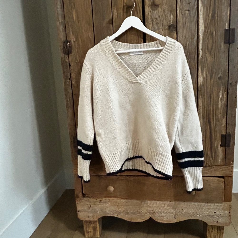 La Ligne Cream V-Neck Sweater with Black Stripe Trim